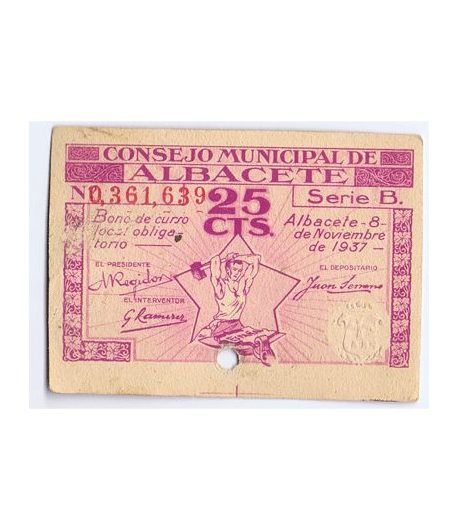 (1937/11/08) 25 cts. Consejo Municipal de Albacete. Perforado.