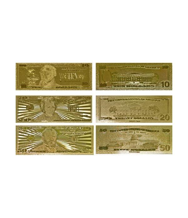 Colección 7 Billetes de Estados Unidos en oro de 24 kilates.