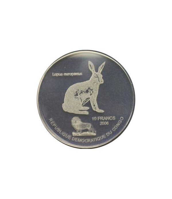 Congo 10 Francs 2006 Lepus europeus. Holograma en vidrio.