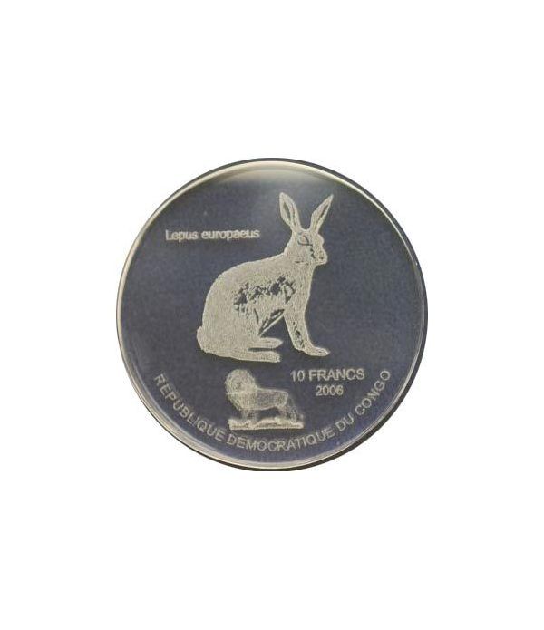 Congo 10 Francs 2006 Lepus europeus. Holograma en vidrio.  - 2