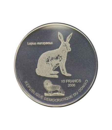 Congo 10 Francs 2006 Lepus europeus. Holograma en vidrio.