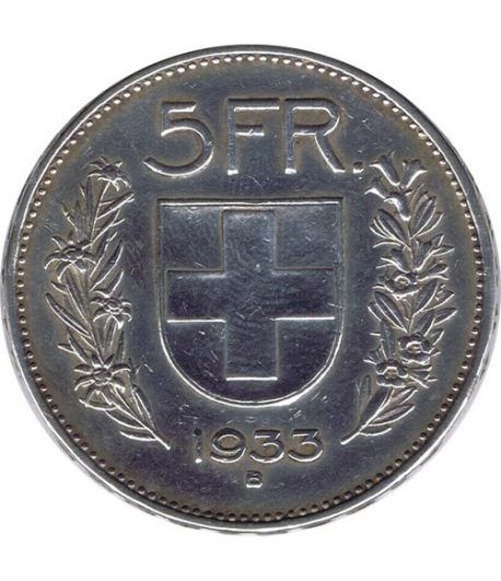 Moneda de plata 5 francos Suiza 1933. Confederatio Helvetica.