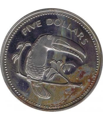 Moneda de plata 5 Dollars Belize 1975. Tucán.