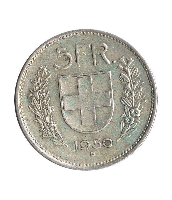 Moneda de plata 5 francos Suiza 1950. Confederación Helvética.  - 4