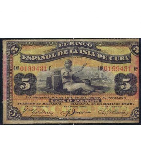 Cuba 5 Pesos 1896 Banco Español Isla de Cuba. MBC.