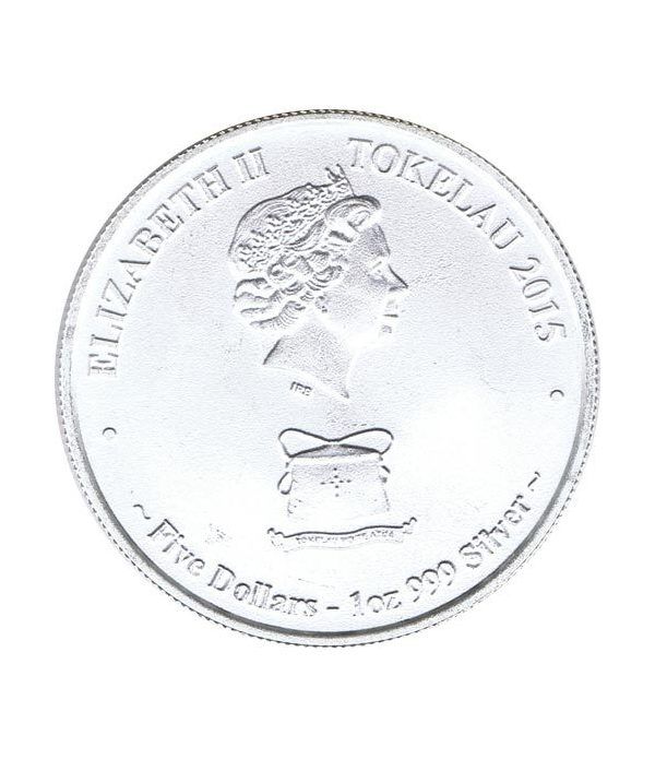 Moneda onza de plata 5$ Tokelau. Tiburón Blanco 2015.  - 2