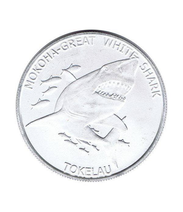 Moneda onza de plata 5$ Tokelau. Tiburón Blanco 2015.  - 4