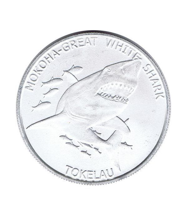 Moneda onza de plata 5$ Tokelau. Tiburón Blanco 2015.