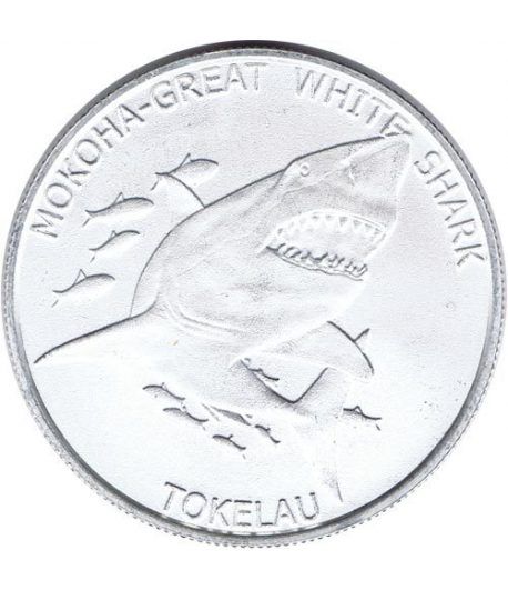 Moneda onza de plata 5$ Tokelau. Tiburón Blanco 2015.
