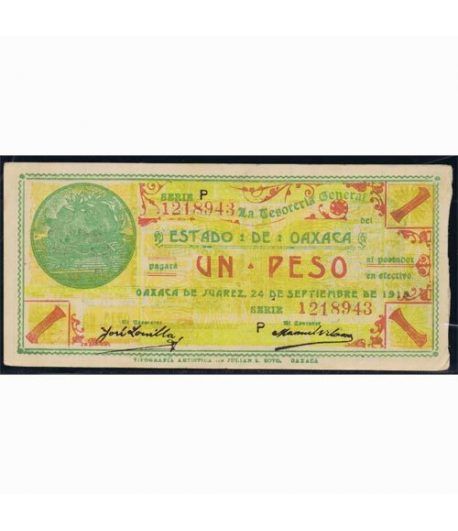 Oaxaca de Juarez 1 peso 24 septiembre 1915. MBC.
