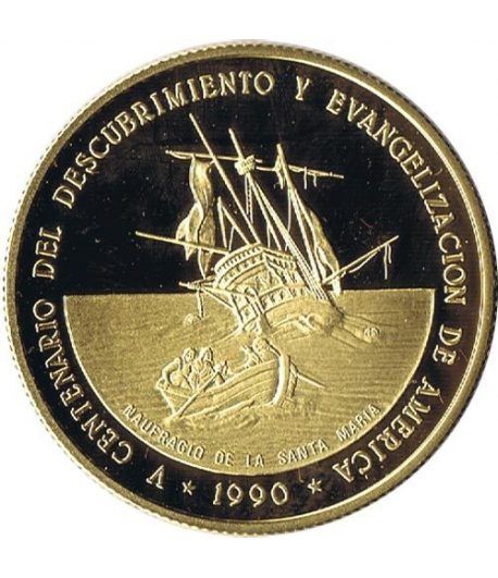 Moneda de oro 500 Pesos 1990 Dominicana V Centenario. Barco.
