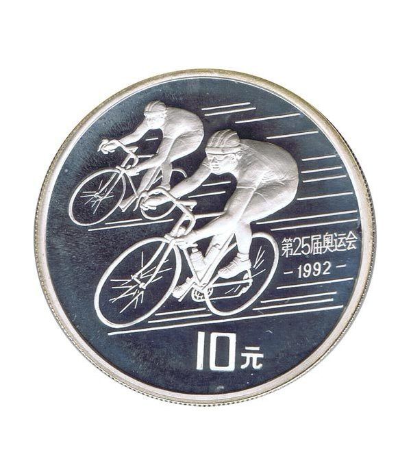 Moneda de plata 10 yuan China 1990 Barcelona 92 Ciclismo.  - 4