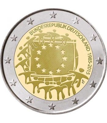 moneda Alemania 2 euros 2015. 30 Años bandera de Europa. 5 cecas
