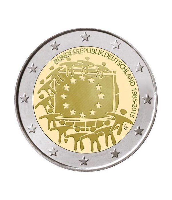 moneda Alemania 2 euros 2015. 30 Años bandera de Europa. 5 cecas