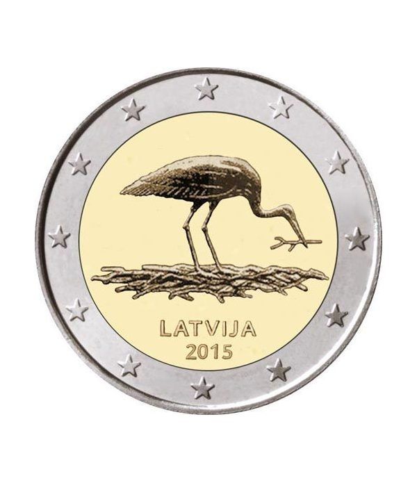 moneda conmemorativa 2 euros Letonia 2015 Cigüeña Negra.