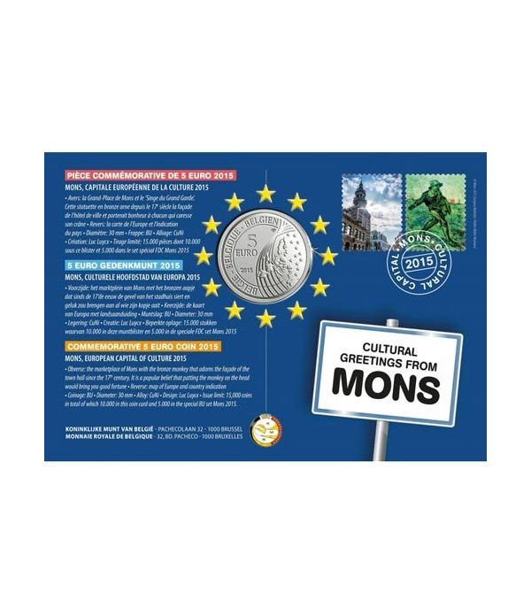 moneda Belgica 5 Euros 2015 Mons Capital Cultural. Niquel