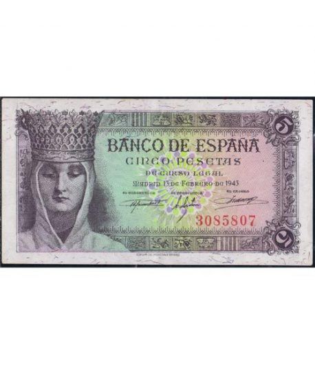 (1943/02/13) Madrid. 5 Pesetas. EBC+. Sin Serie 3085807.