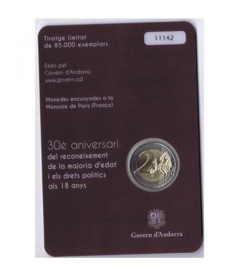 moneda conmemorativa 2 euros Andorra 2015 Mayoria edad. BU.