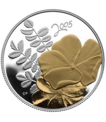 Moneda de plata 50 Centavos Canada 2005 Flor Rosa Dorada.
