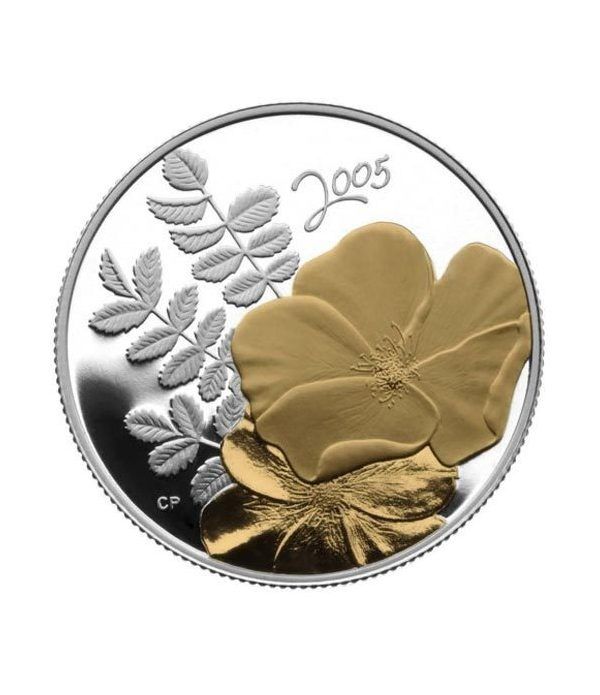 Moneda de plata 50 Centavos Canada 2005 Flor Rosa Dorada.