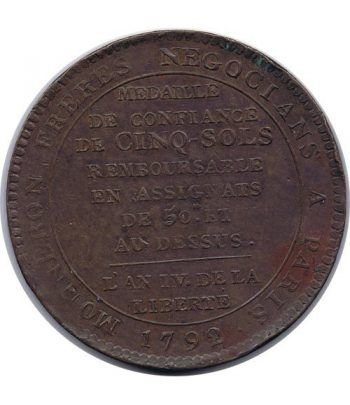 Medalla de confianza 5 Sols. Francia 1792. Bronce.