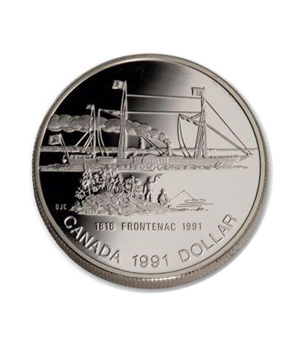 Moneda de plata 1 Dollar Canada 1991 Barco Frontenac. Proof.