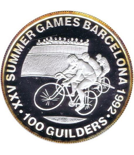 Moneda de plata 100 Guilders Suriname 1992 Ciclismo Barcelona 92