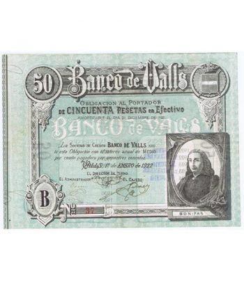 Banco de Valls 50 pesetas 1922. Serie B 37.