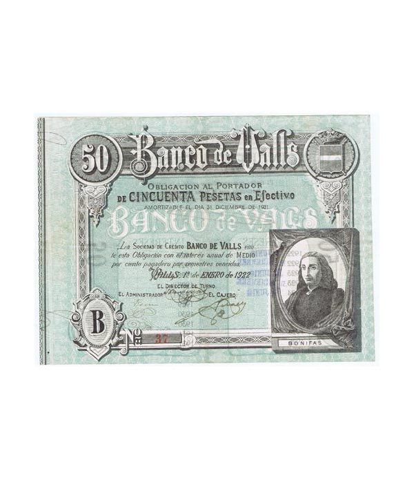 Banco de Valls 50 pesetas 1922. Serie B 37.