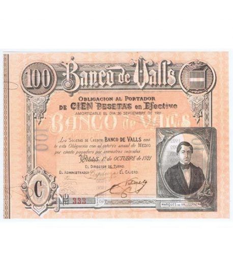 Banco de Valls 100 pesetas 1921. Serie C 333