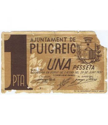 (1937/06/29) 1 Pesseta Ajuntament de Puigreig.