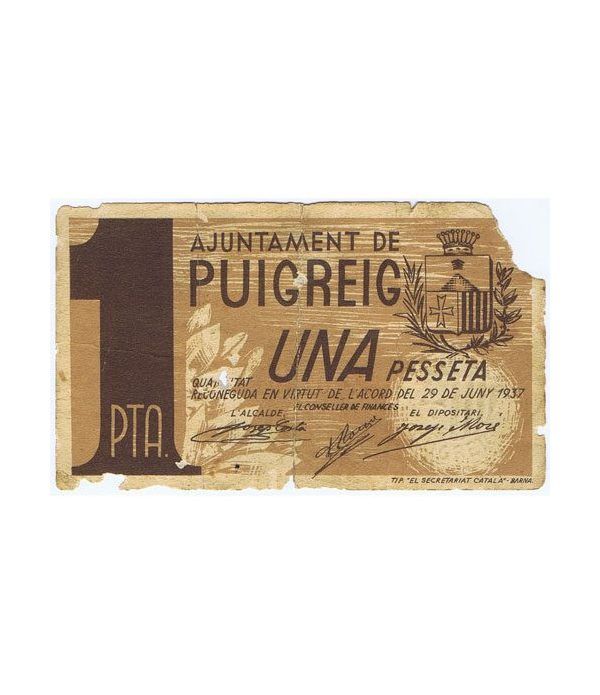 (1937/06/29) 1 Pesseta Ajuntament de Puigreig.