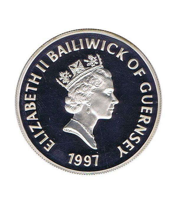 Moneda de plata 5 Pounds Elizabeth y Philip Guernsey 1997  - 4