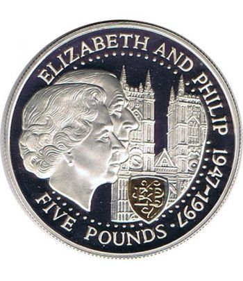 Moneda de plata 5 Pounds Elizabeth y Philip Guernsey 1997
