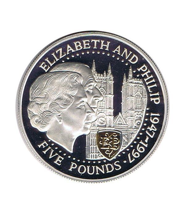 Moneda de plata 5 Pounds Elizabeth y Philip Guernsey 1997  - 1
