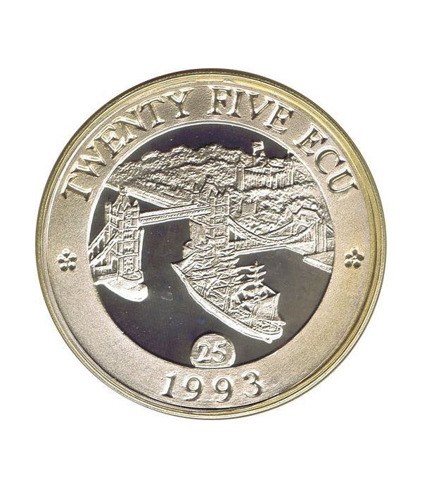 Moneda de plata 25 Ecu Gran Bretaña 1993 Europa Piedfort.  - 4