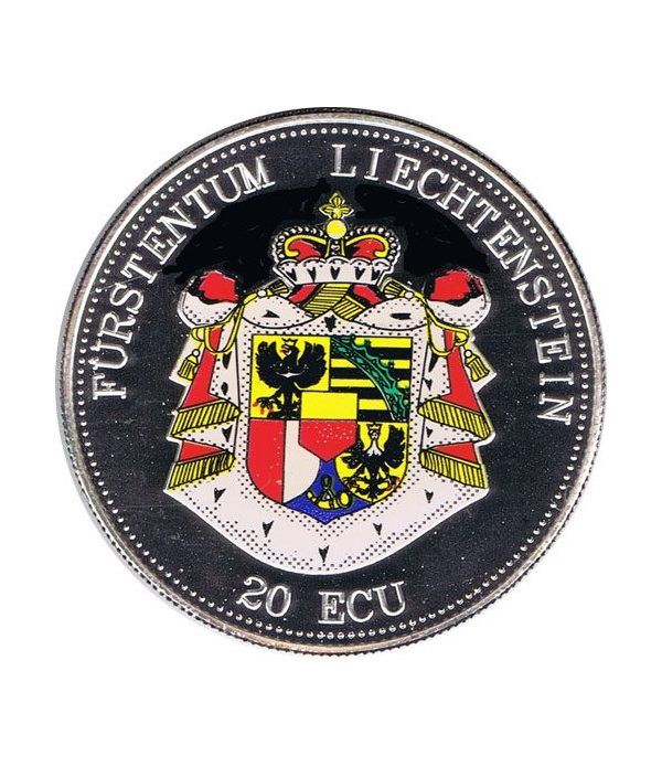 Moneda de plata 20 Ecu Liechtenstein Escudo color. Piedfort.  - 4