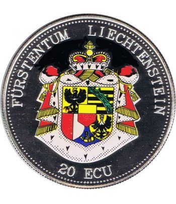 Moneda de plata 20 Ecu Liechtenstein Escudo color. Piedfort.
