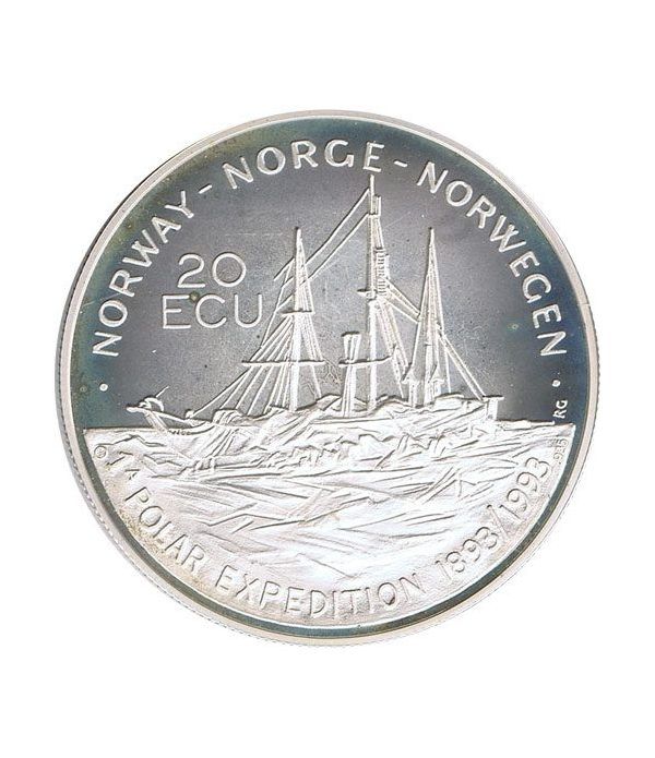 Moneda de plata 20 Ecu Noruega 1993. Barco