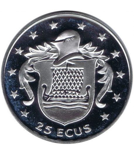 Moneda de plata 25 ecus Isla de Man 1994. Estuche