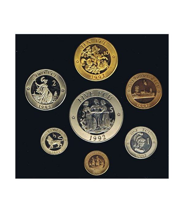 Estuche monedas Inglaterra 1992 ECU Piedfort Proof. 7 monedas.  - 2