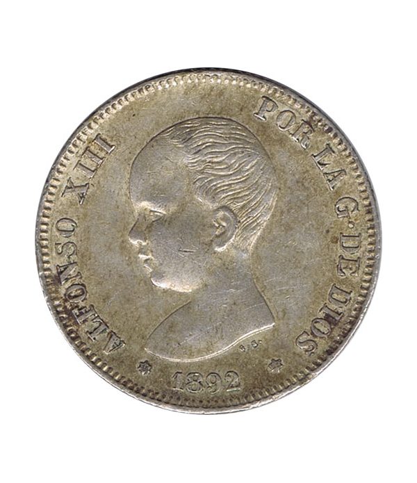 Moneda de Plata de 2 Pesetas Año 1892 *92 Alfonso XIII PG M