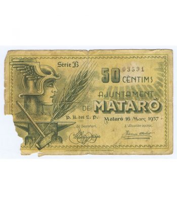 Billete 50 centims Ajuntament de Mataró 1937