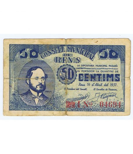 Billete 50 centims Consell Municipal de Reus 1937