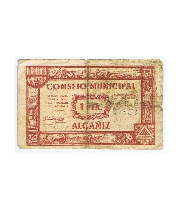 Billete 1 Peseta Consejo Municipal de Alcañiz 1937  - 1