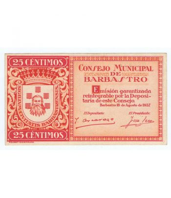 Billete 25 centimos Consejo Municipal de Barbastro 1937. SC  - 1