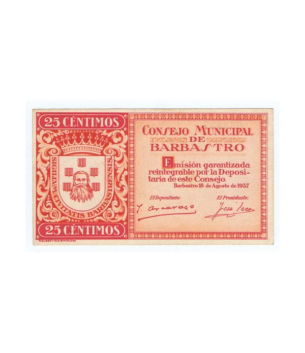 Billete 25 centimos Consejo Municipal de Barbastro 1937. SC  - 1