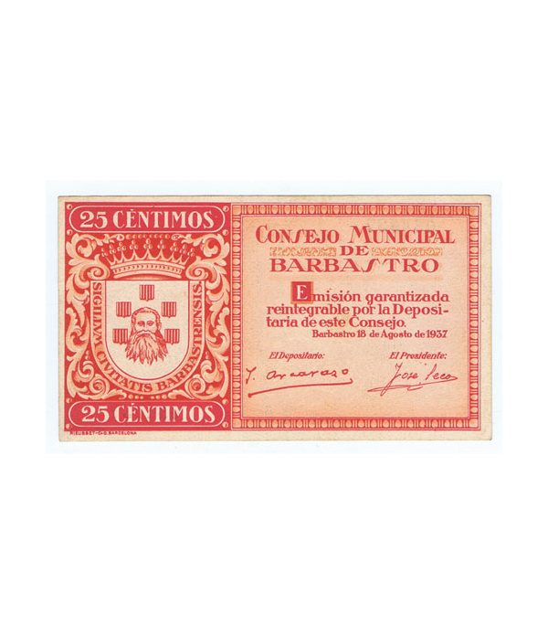 Billete 25 centimos Consejo Municipal de Barbastro 1937. SC