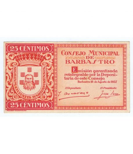 Billete 25 centimos Consejo Municipal de Barbastro 1937. SC