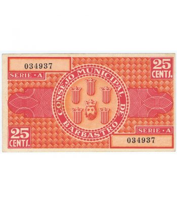 Billete 25 centimos Consejo Municipal de Barbastro 1937. SC